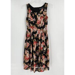 Jessica Howard Sleeveless Black Floral Pleated Gathered Waist Dress Sz 6p
